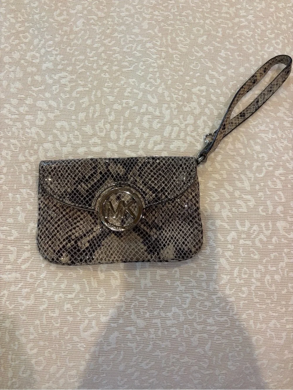 Michael Kors Metallic Taupe Snake-Print Wristlet Clutch